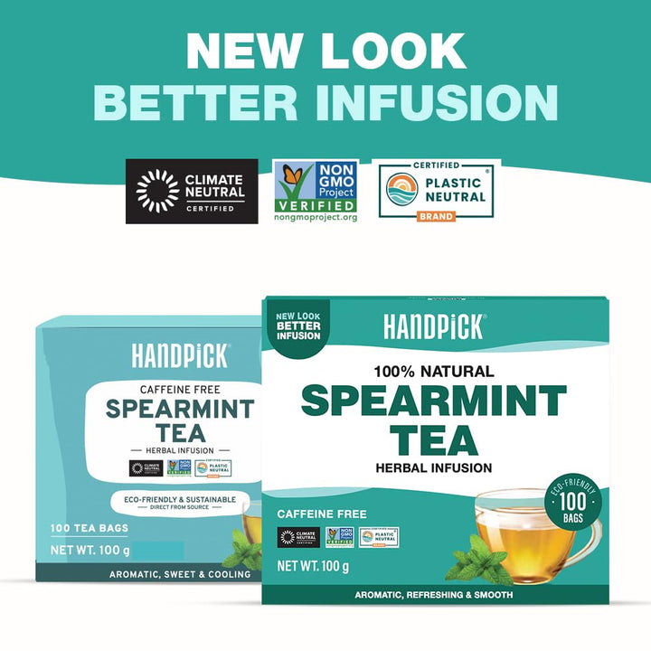 HANDPICK Spearmint Tea Bags (100 Count) Non-GMO, 100% Pure Spearmint Leaf, Tea Board of India Certified