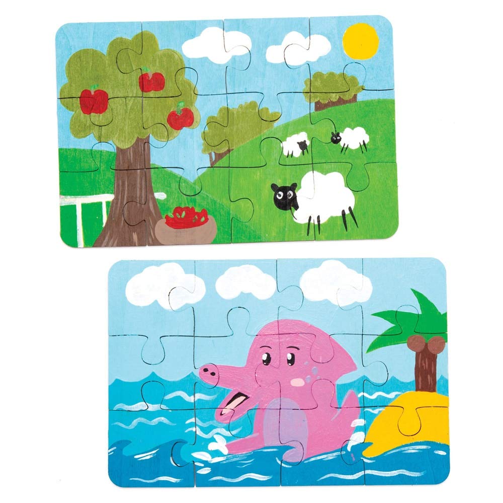 Baker Ross Wooden Jigsaw Puzzles - Blank Canvas for Creativity | 12 Pieces, 18 x 12 cm | Pack of 8