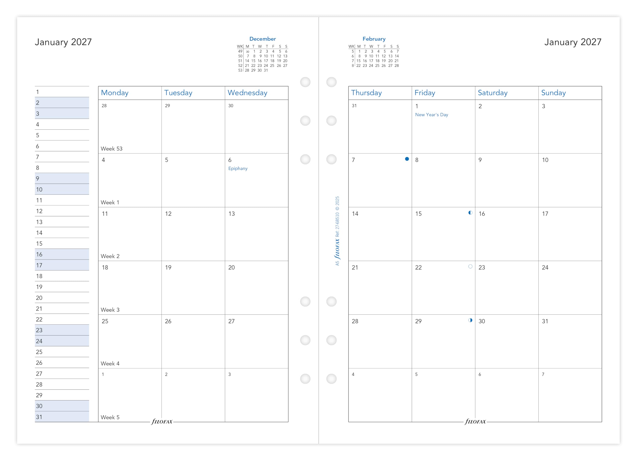 Filofax A5 2027 Diary Refill - Month on Two Pages, English | 148mm x 210mm 2