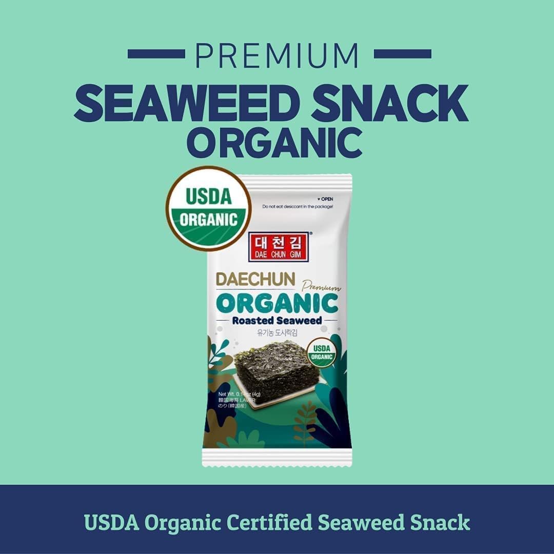 Organic DAECHUN Roasted Seaweed Snacks, 20-Pack, USDA Certified, Low-Calorie, Gluten-Free, Vegan