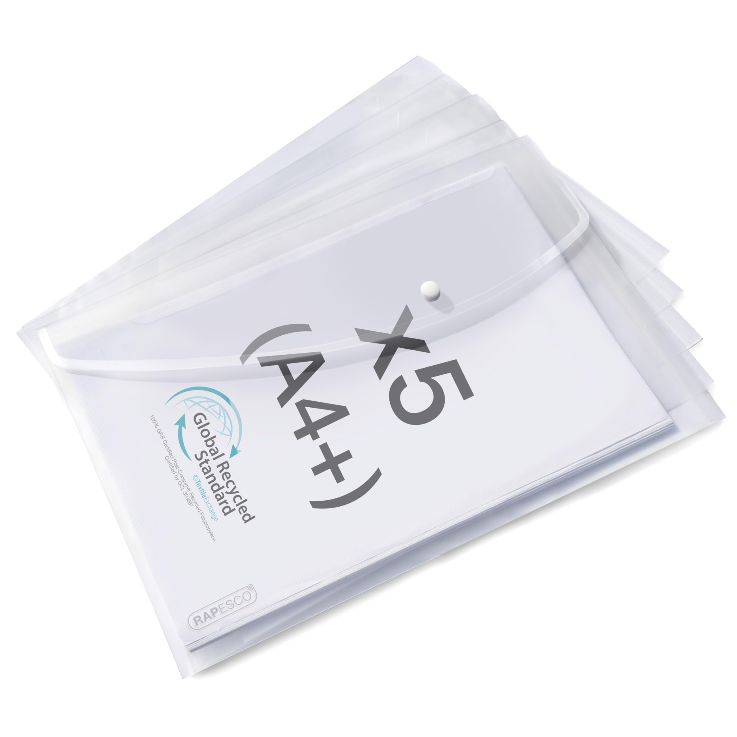 RAPESCO 1840 ECO Popper Wallets - A4+, Clear Transparent, 200-Micron, Pack of 5