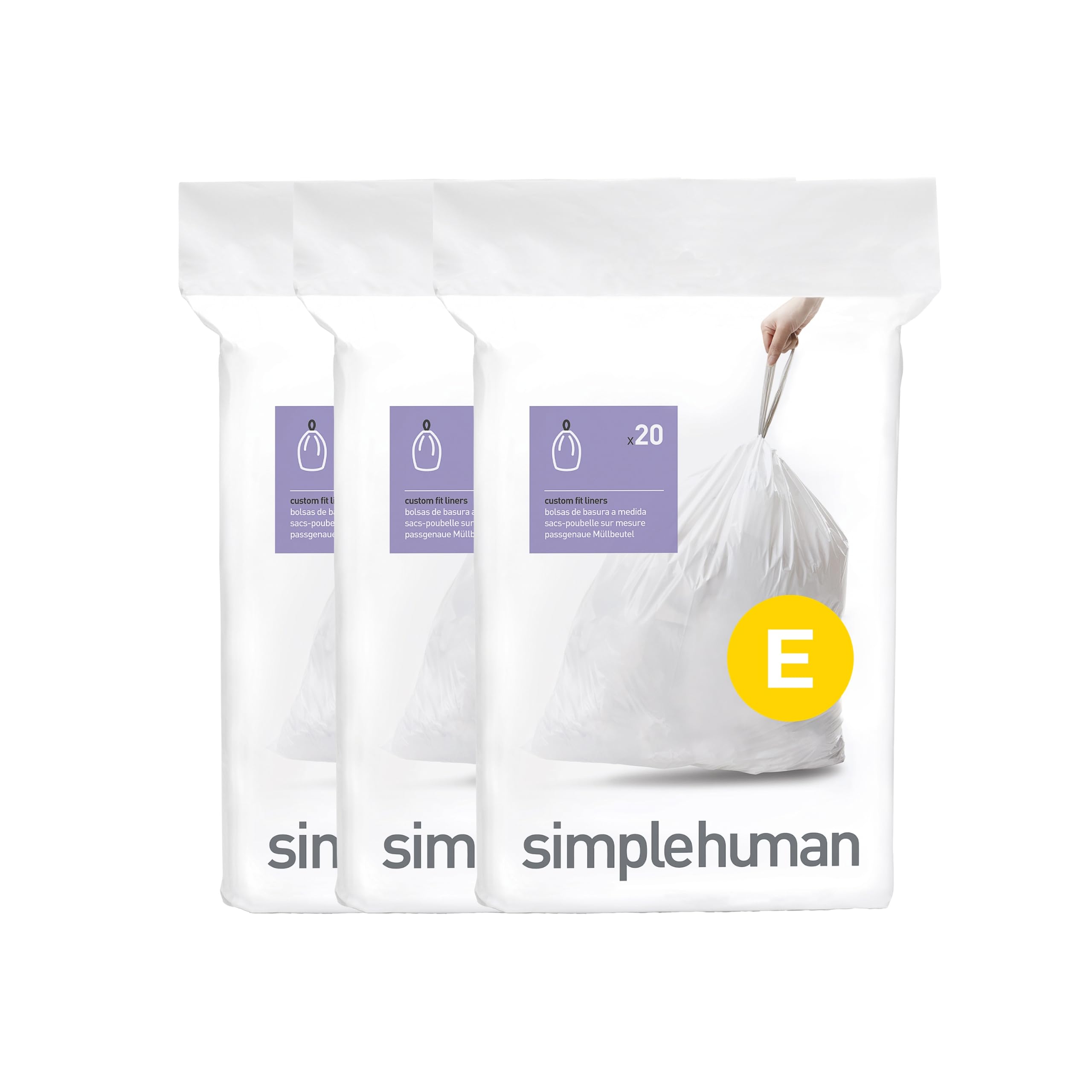 simplehuman Code E Bin Liners - 20 Litre Capacity, White Plastic, 60 Count (Pack of 3)
