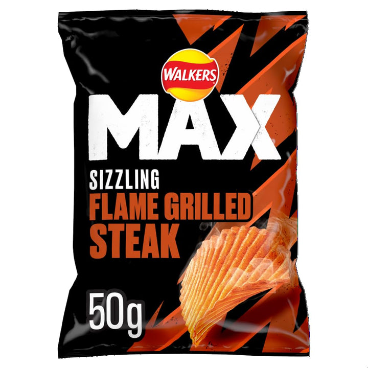 Walkers Max Sizzling Flame Grilled Steak Crisps 50g (Pack of 24)