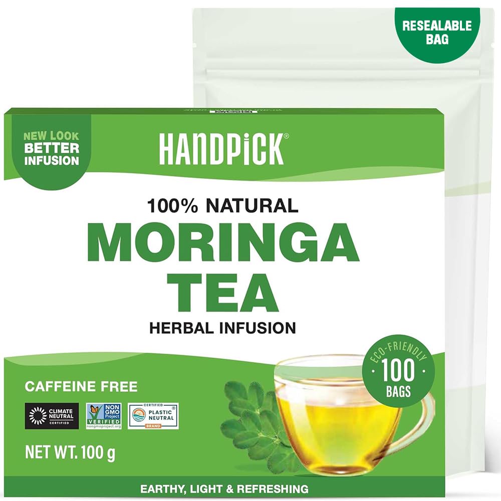 HANDPICK Moringa Tea Bags - 100 Count Caffeine Free Herbal Tea | Non-GMO, Eco-Conscious Teabags