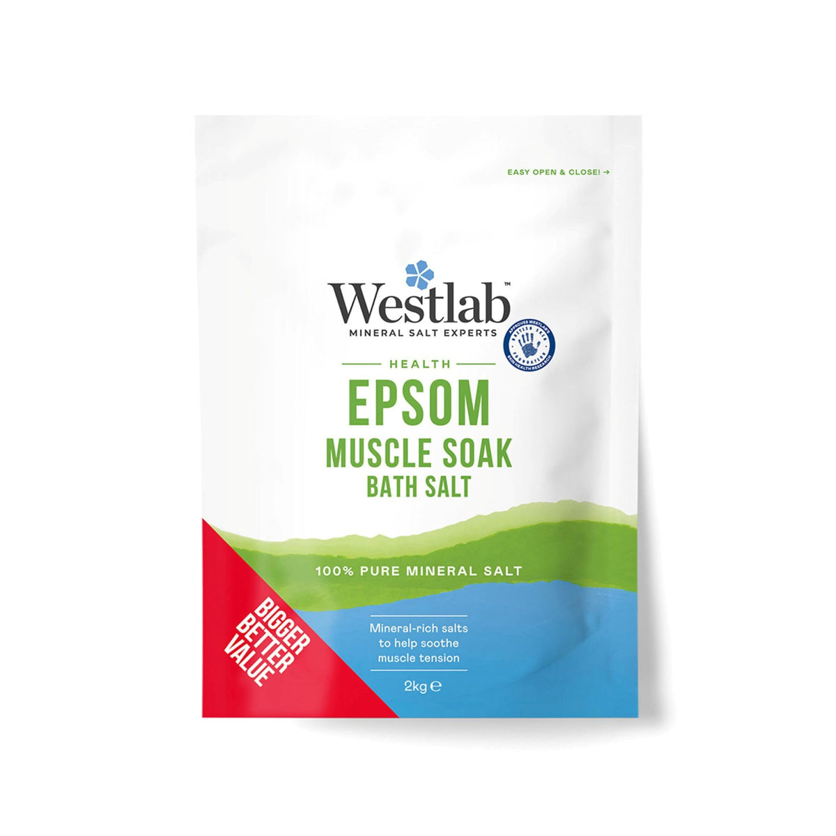 Westlab Reviving Epsom Bath Salts - 2 kg Resealable Pouch, Unscented