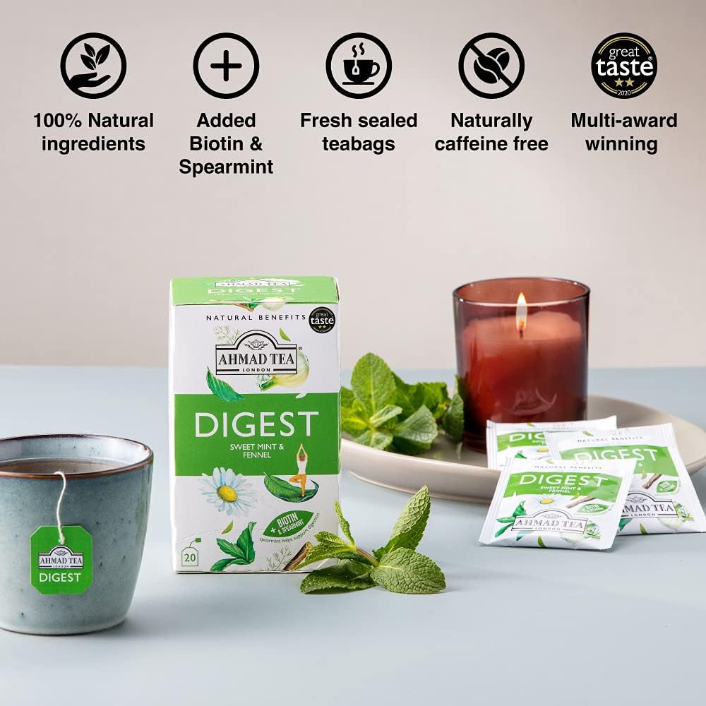 Ahmad Tea Digest Infusion - Sweet Mint & Fennel Herbal Tea with Biotin - 20 Teabags