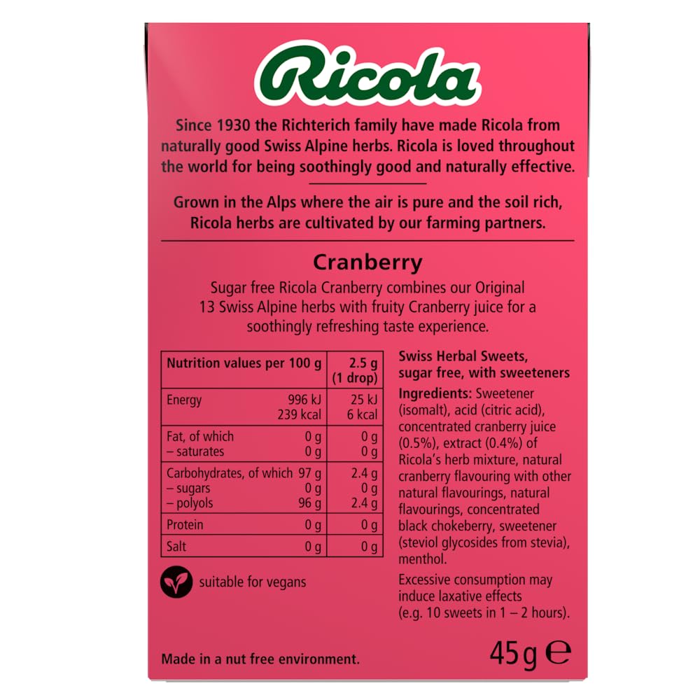 Ricola Cranberry Sugar-Free Swiss Herbal Sweets - 45g Box of 20 Drops 3