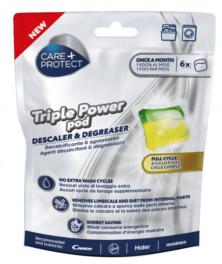 CARE + PROTECT Triple Power Pod Descaler & Degreaser for Washing Machine & Dishwasher - 6 Pack