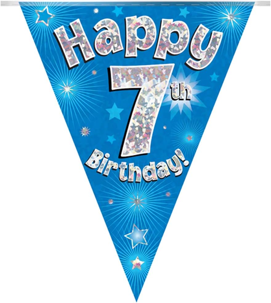 Happy 7th Birthday Party Bunting - Blue Holographic 11 Flags 3.9m 1
