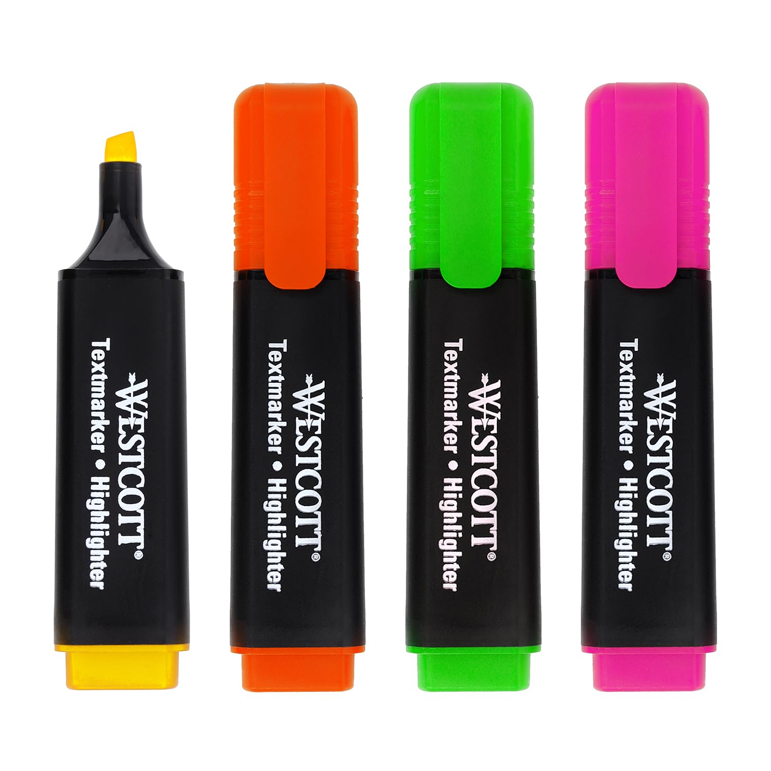 Westcott Highlighter Markers - 4 Pack (Green, Yellow, Orange, Pink) | 2-5mm Tip | Quick-Drying Ink 1