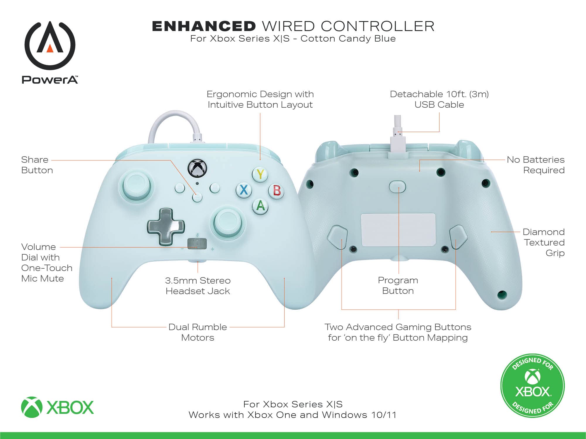 PowerA Enhanced Wired Controller for Xbox Series X|S - Cotton Candy Blue 7