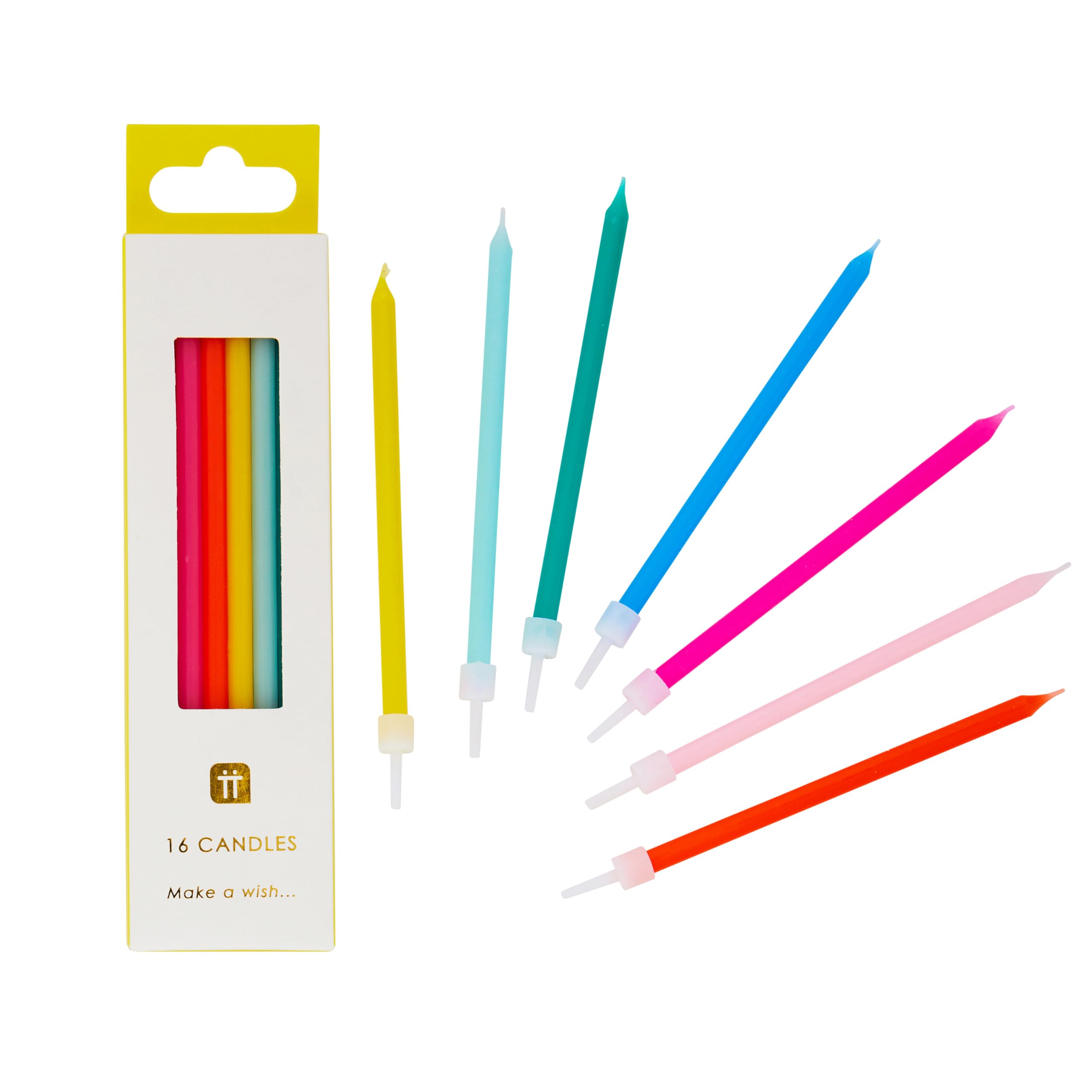 Talking Tables 16 x Colourful Birthday Candles with Holders | 10cm Tall Thin Cake Toppers in Rainbow Colours
