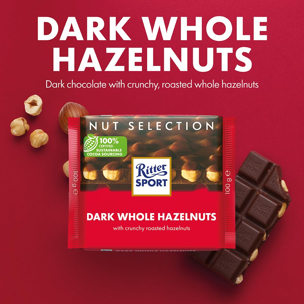 Ritter Sport Whole Hazelnuts Dark Chocolate Bar, 100g, Case of 10