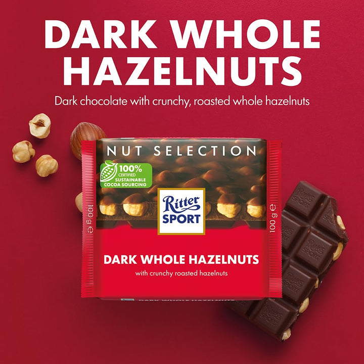 Ritter Sport Whole Hazelnuts Dark Chocolate Bar, 100g, Case of 10