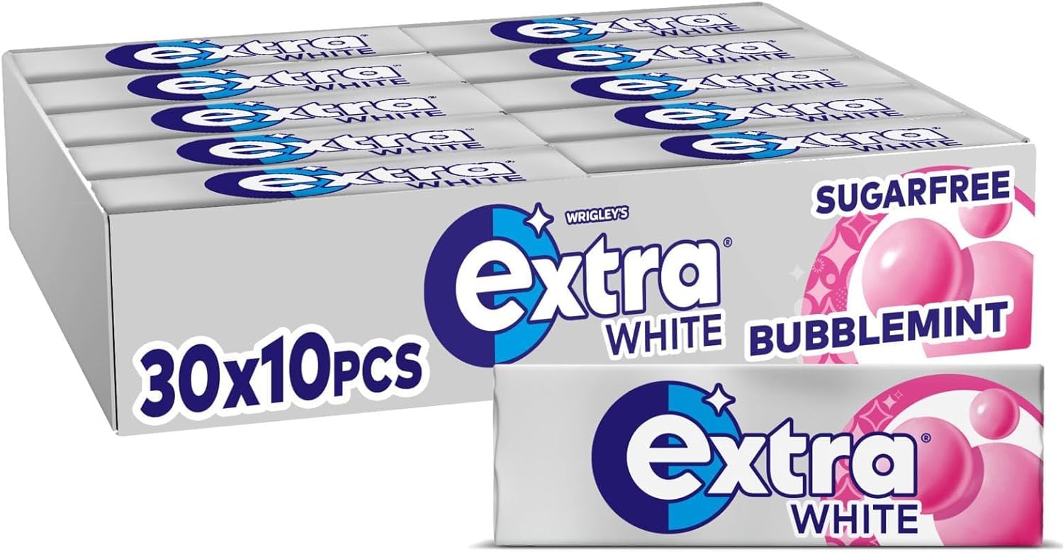 Extra White Chewing Gum - Sugar Free Bubblemint Flavor for Stain Removal | 30 Packs of 10 Pieces
