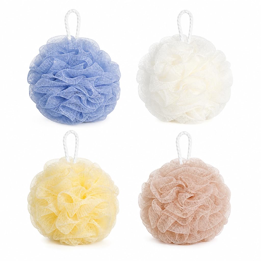 Lafefe Loofah Sponge with Built-in Sponge Core - 4 Count, PE Mesh Shower Poufs