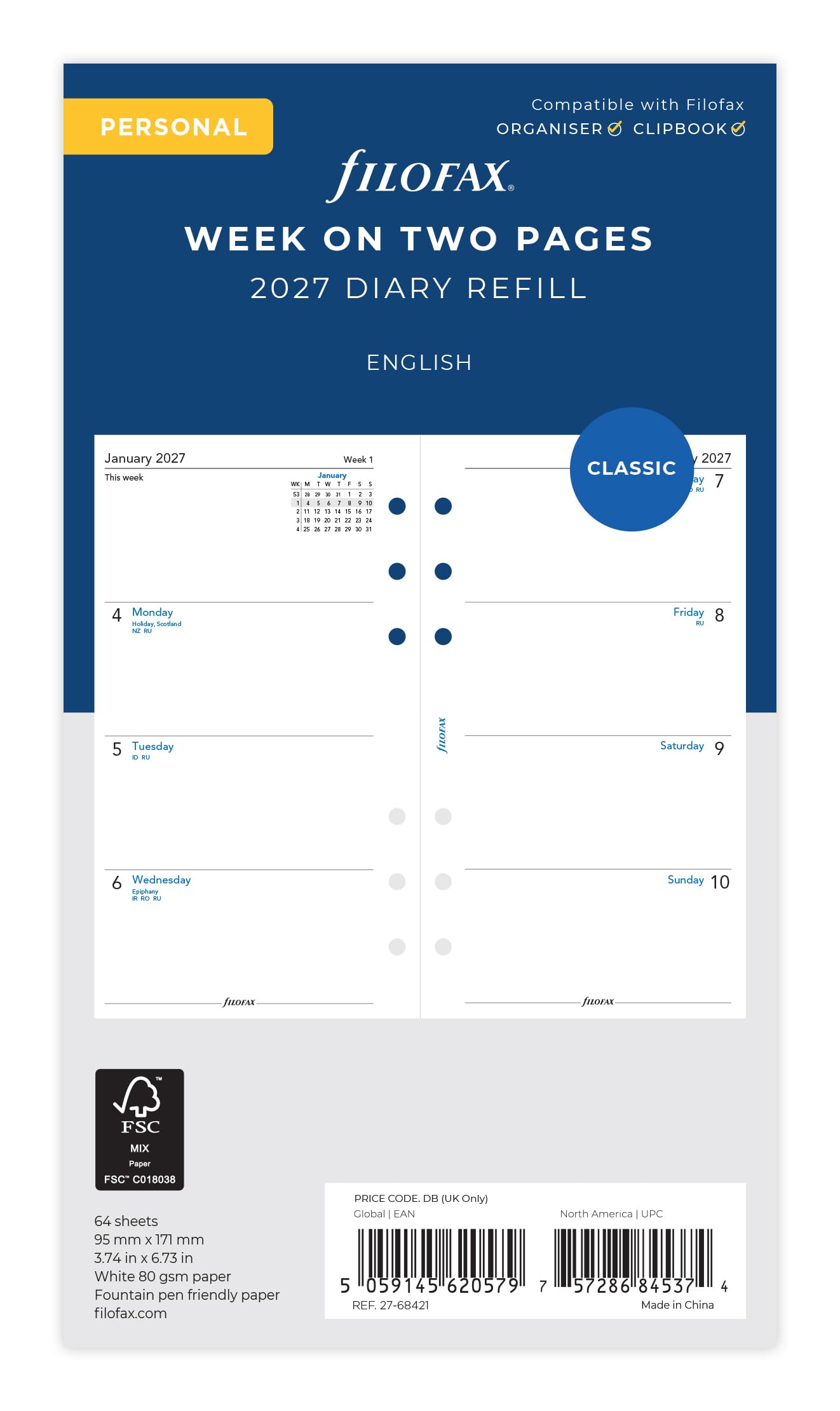 Filofax Personal 2027 Diary Refill - Week on Two Pages, English | 95mm x 171mm