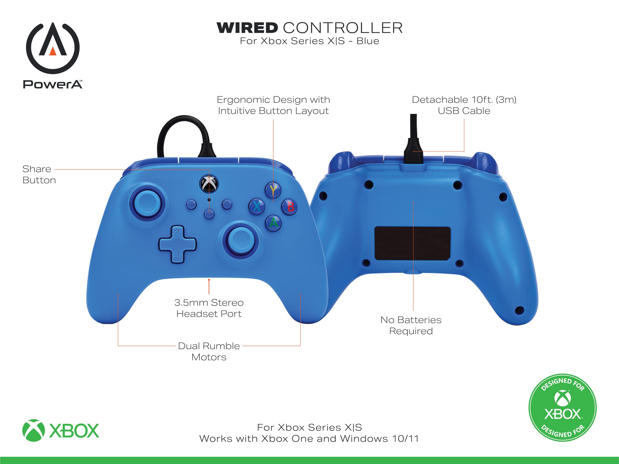 PowerA Wired Controller for Xbox Series X|S, Xbox One, PC - Officially Licensed with Dual Rumble, Impulse Triggers, 10 ft USB-C Cable 7