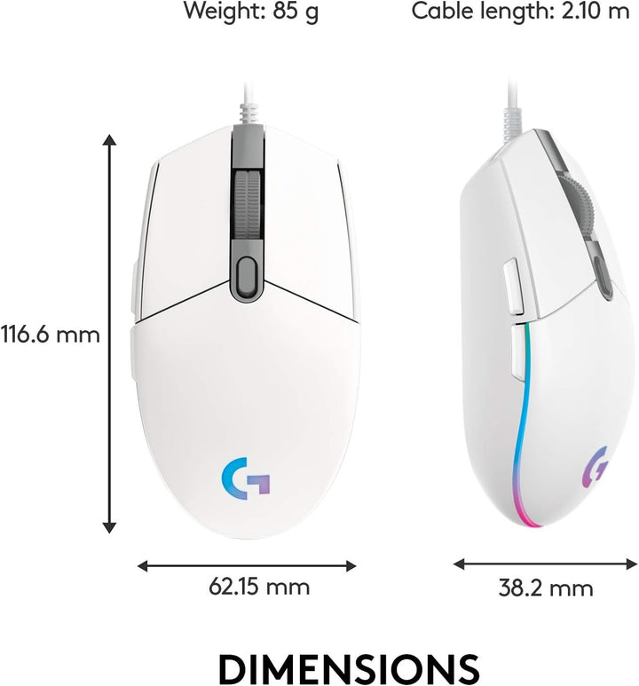 Logitech G203 LIGHTSYNC Gaming Mouse - 8K DPI, 6 Programmable Buttons, RGB Lighting, Lightweight Design - White