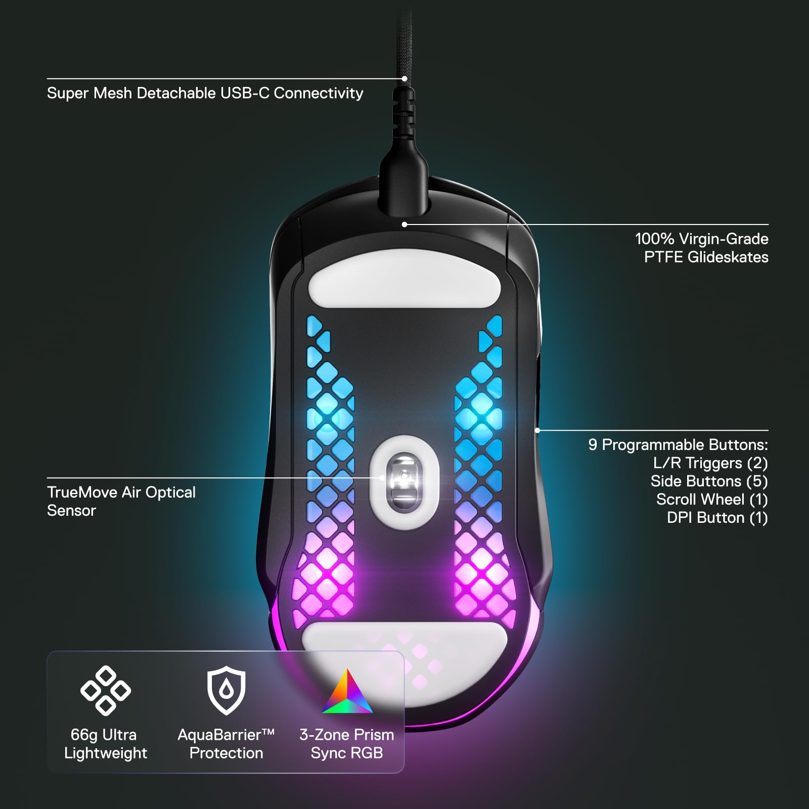SteelSeries Aerox 5 - Holey RGB Gaming Mouse - Ultra-lightweight Water Resistant Design - 18K DPI TrueMove Air Optical Sensor - 9 Programmable Buttons 4