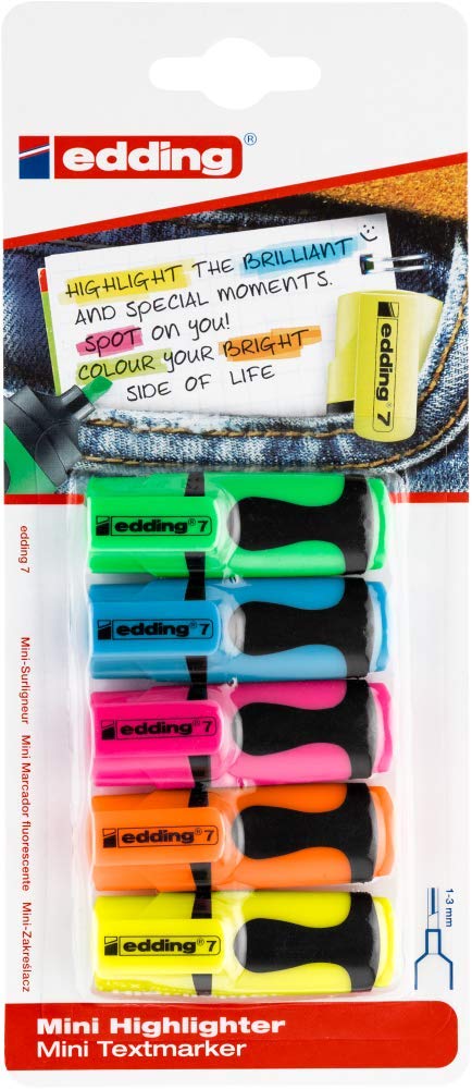 edding 7 Mini Highlighter - 5 Pack Neon Colours | Chisel Nib | Water-Based Ink 2