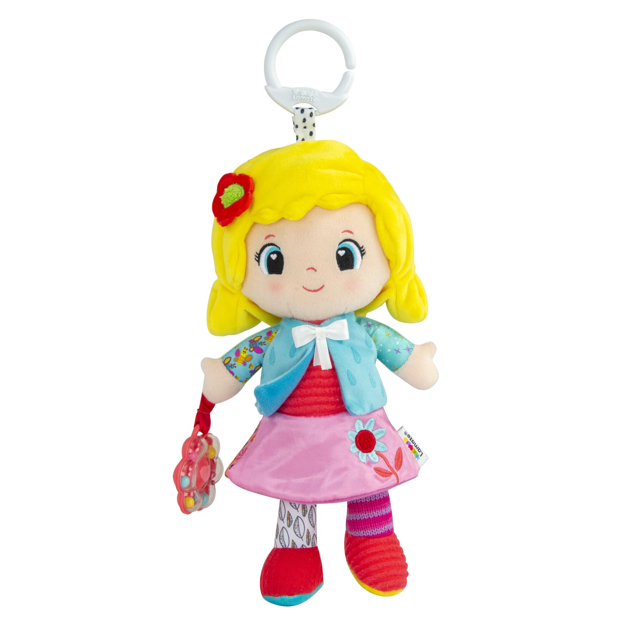 Lamaze My Friend Olivia Clip & Go Pram Toy - Soft Sensory Doll with Rattle and Crinkle Features for Babies 0-6 Months 1