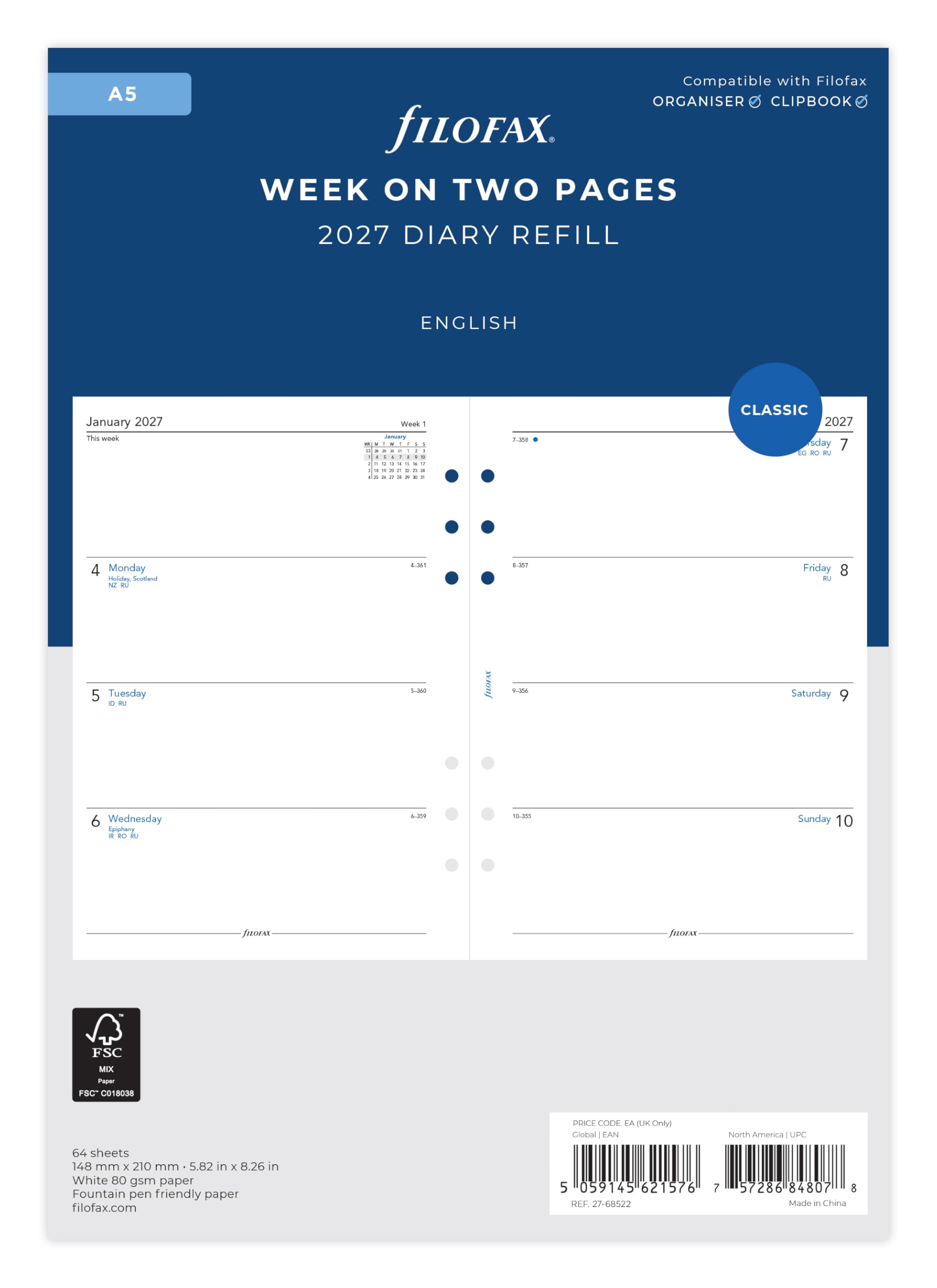 Filofax A5 2027 Diary Refill - Week on Two Pages | 148mm x 210mm | Model 27-68522 1
