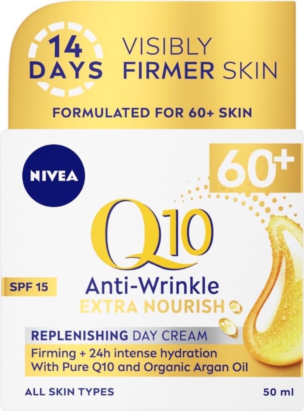 NIVEA Q10 Anti-Wrinkle 60+ Extra Nourishing Day Cream SPF 15 - Reduces Wrinkles | Hydrates | Firms Skin