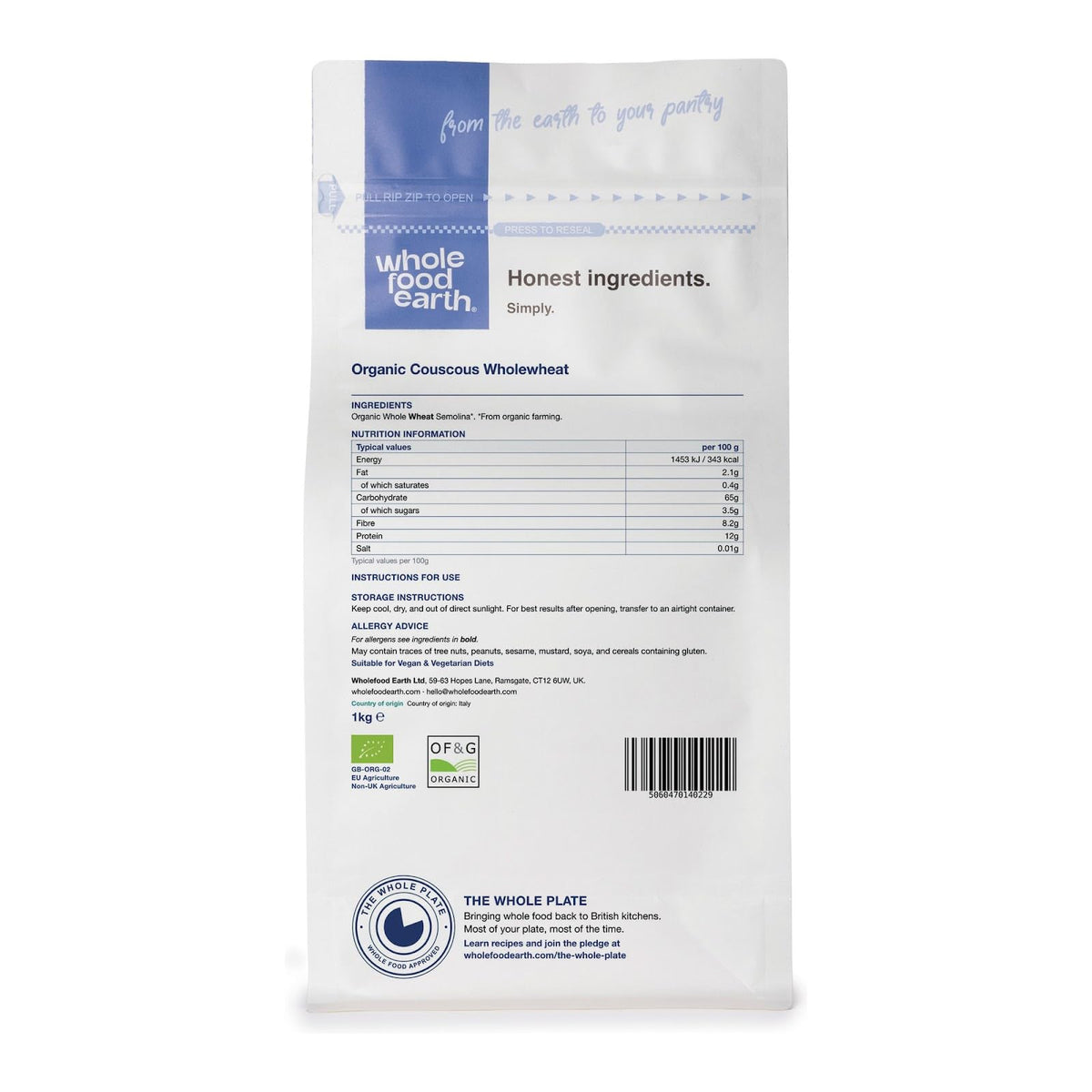 Wholefood Earth Organic Wholewheat Couscous - 1 kg | Raw | GMO Free | Vegan