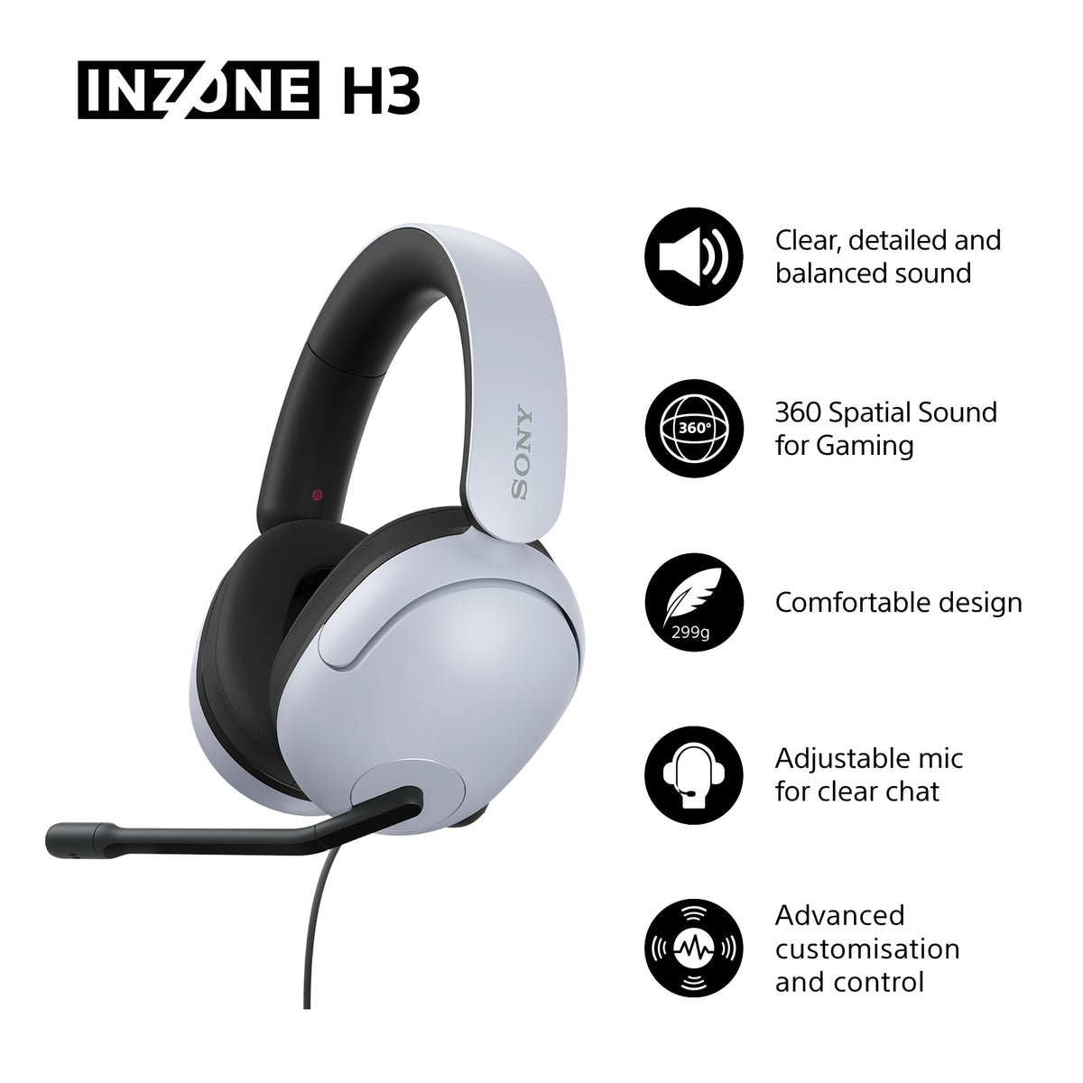 Sony INZONE H3 Gaming Headset - 360 Spatial Sound - PC and PS5 - White