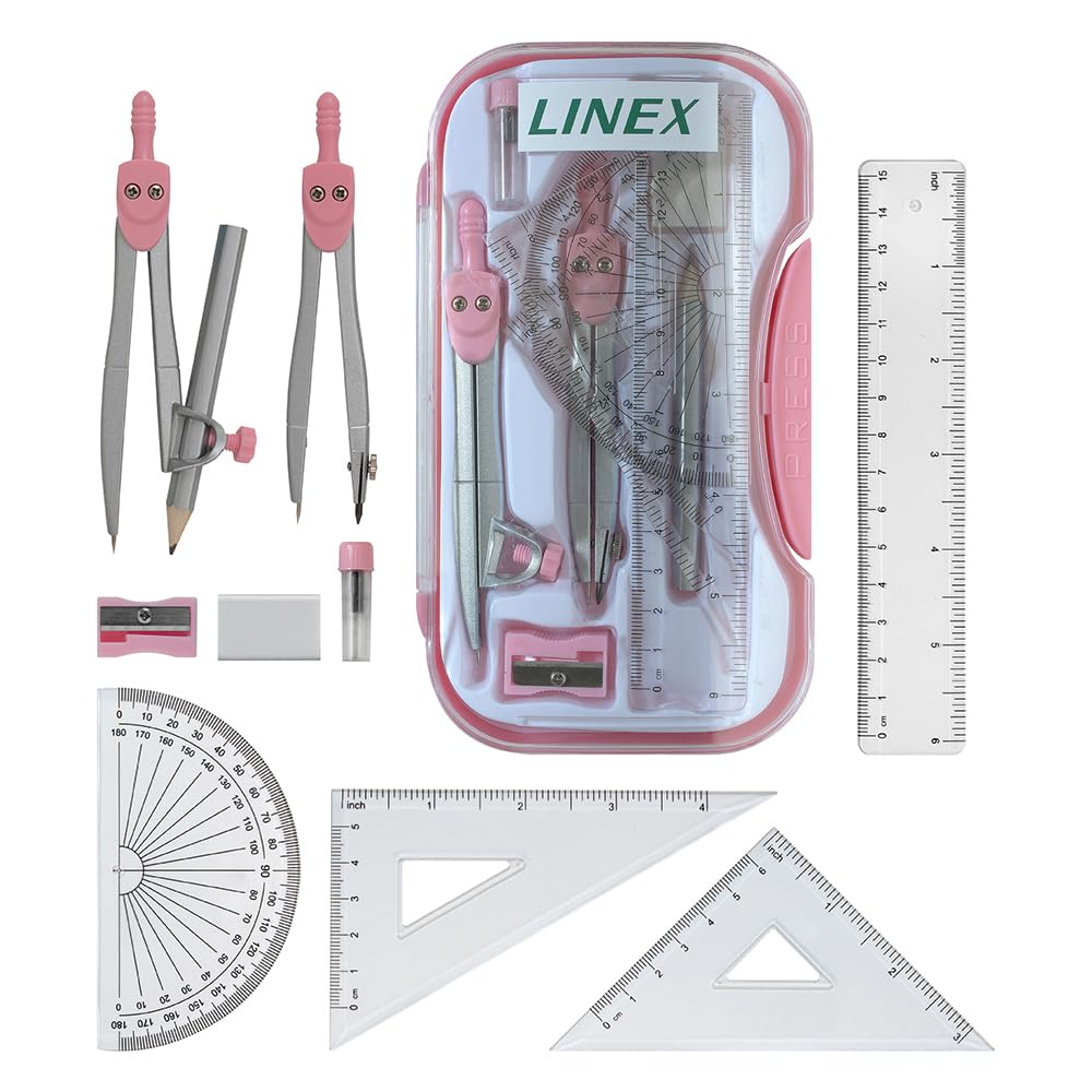 Linex Maths Geometry Set - 10-Piece Exam Kit with Compass, Protractor, Ruler | Pink Case