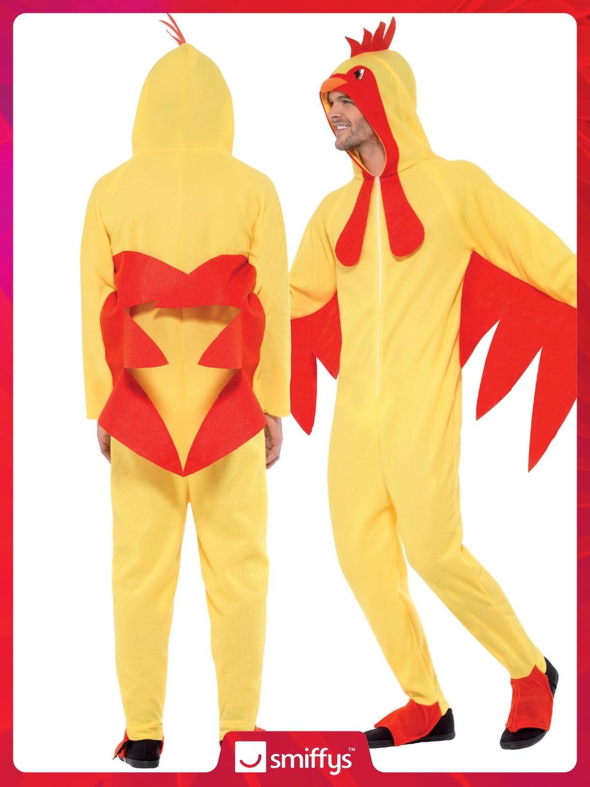 Smiffys Chicken Costume - Bright Yellow Hooded Jumpsuit with Beak and Comb for Adults 3