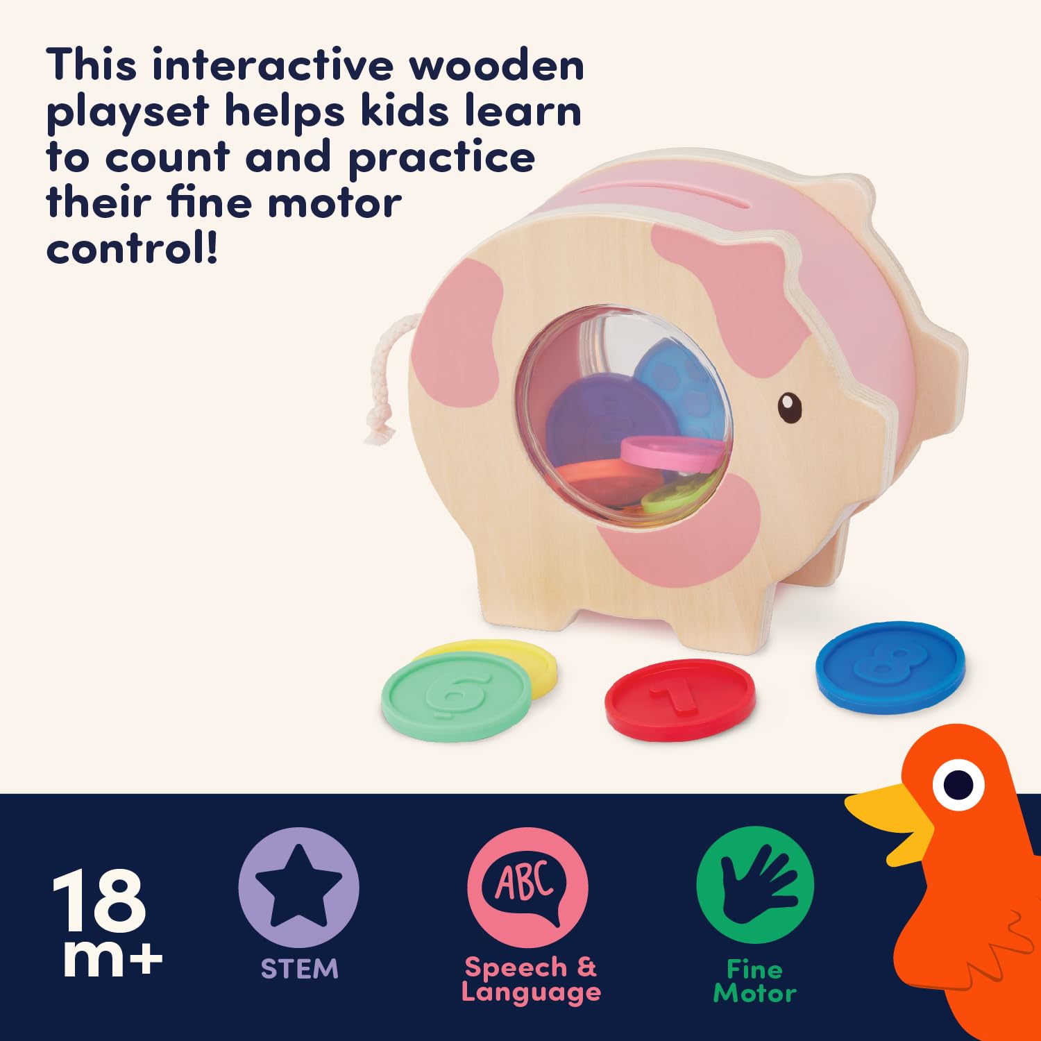 Battat Education Wooden Piggy Bank for Kids - Counting & Fine Motor Skills Toy | Ages 18M+ 5