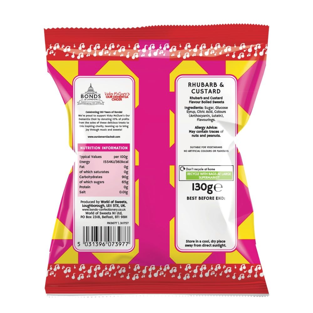 Bonds of London Rhubarb & Custard Boiled Sweets, Retro Gift Bags, Vegetarian Friendly, 130g (Pack of 12) 4