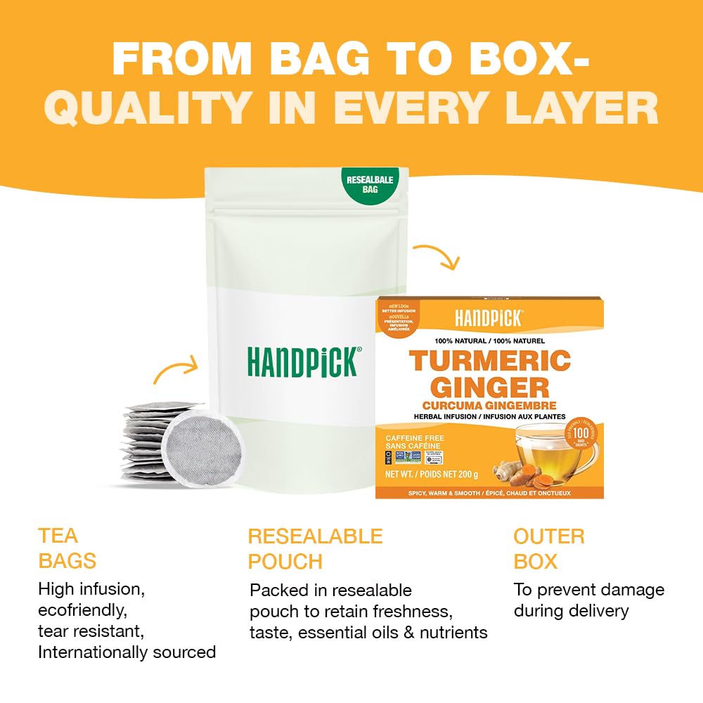 HANDPICK - Turmeric Ginger Tea Bags (100 Herbal Tea Bags) Caffeine Free, Non-GMO, Eco-Conscious Packaging