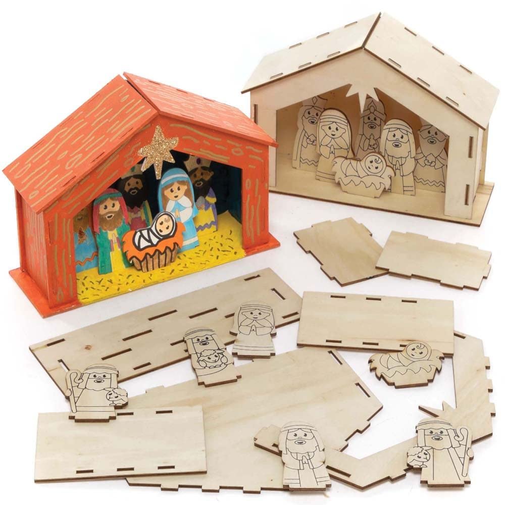 Baker Ross FC248 Wooden Nativity Stable Kit - Pack of 2, DIY Craft for Kids 5