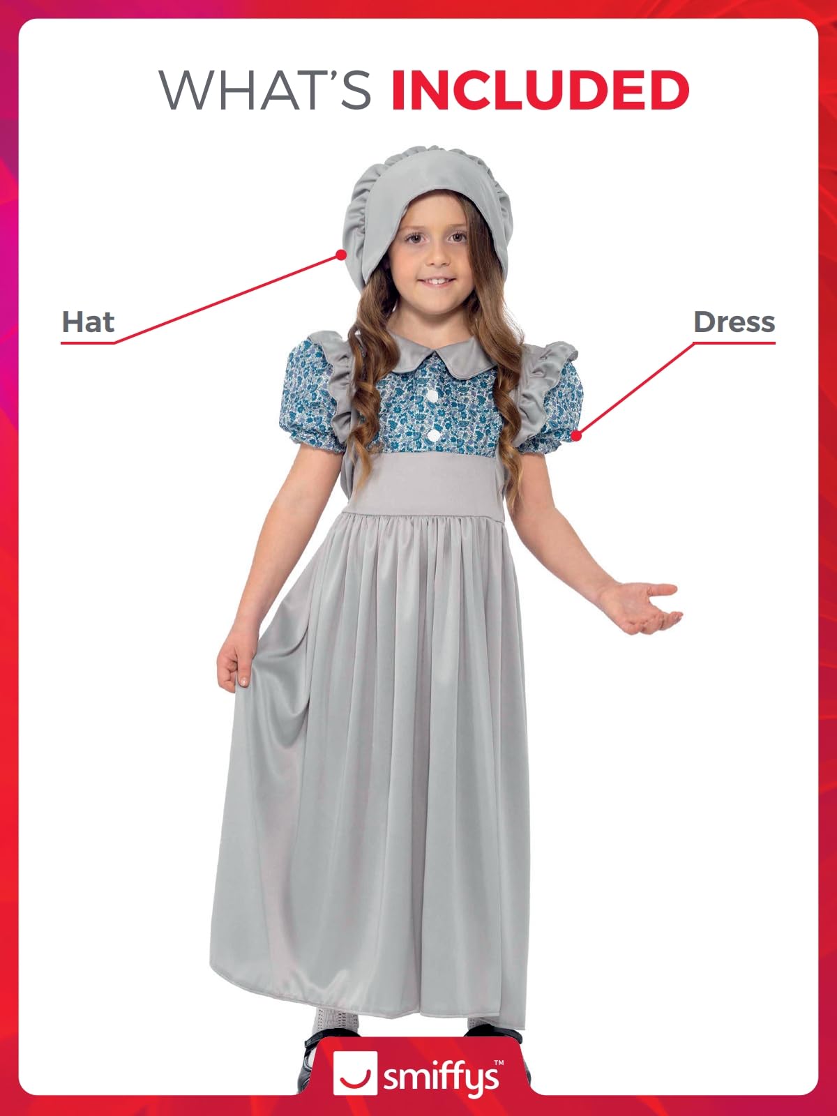 Smiffys Victorian School Girl Costume - Age 7-9 Years | Grey | Polyester