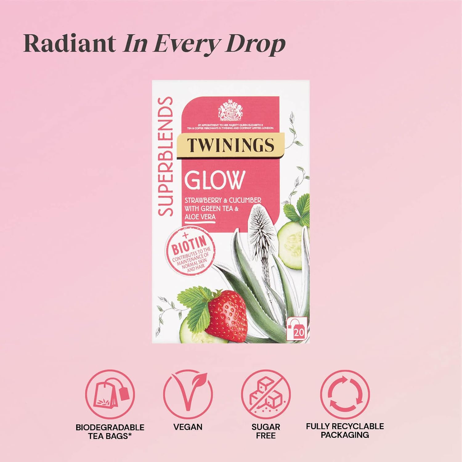 Twinings Superblends Glow Tea - Strawberry & Cucumber Green Tea with Aloe Vera & Biotin (20 Bags)