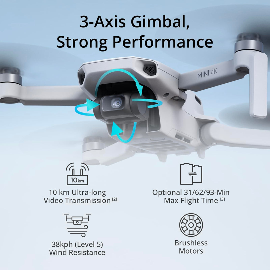 DJI Mini 4K Camera Drone Combo with 4K UHD Camera, 3-Axis Gimbal, Wind Resistant Flight, Extended Battery Options and DJI RC-N1C Controller - Grey