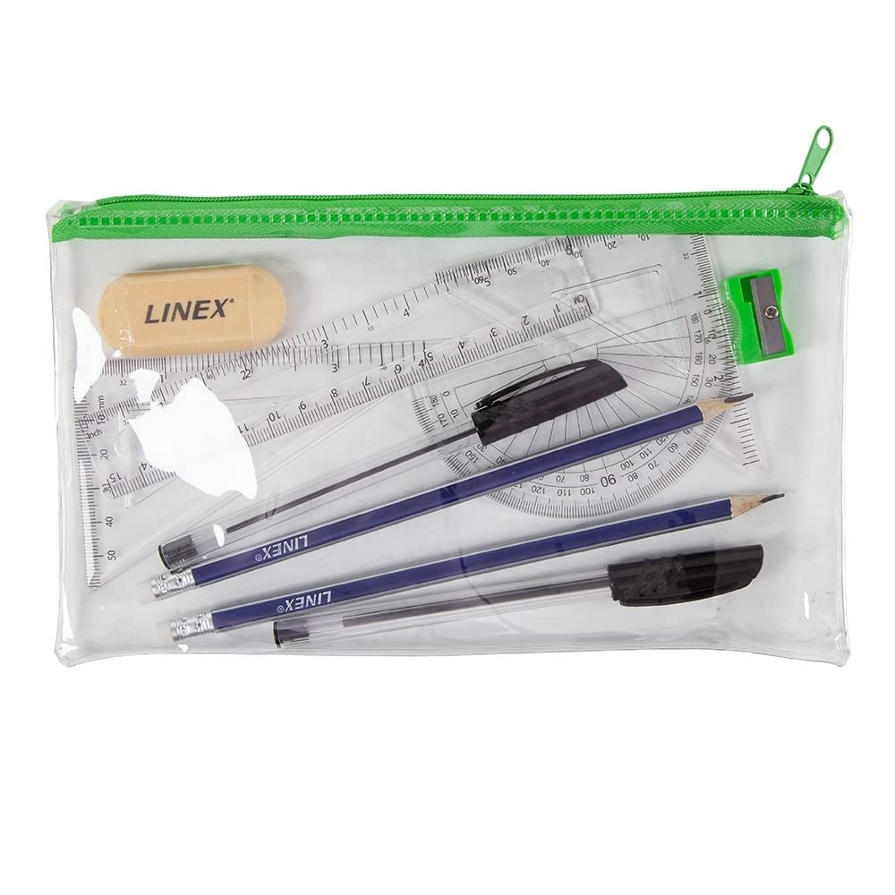Linex Clear Exam Pencil Case Set with Maths Set Stationery | Zipper Closure | 15cm
