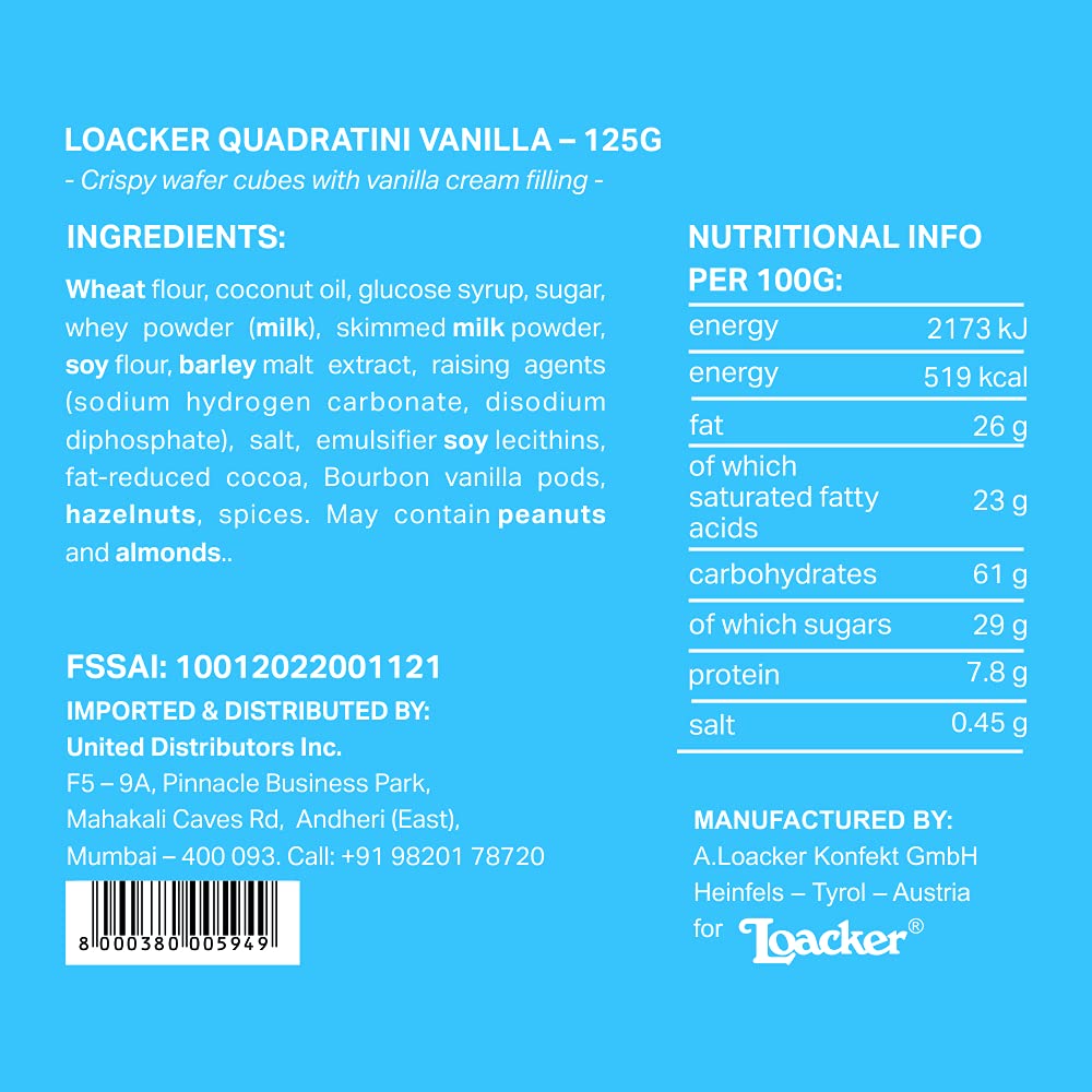 Loacker Vanilla Quadratini Wafers - Delicate Vanilla Cream Filling | 125g 2