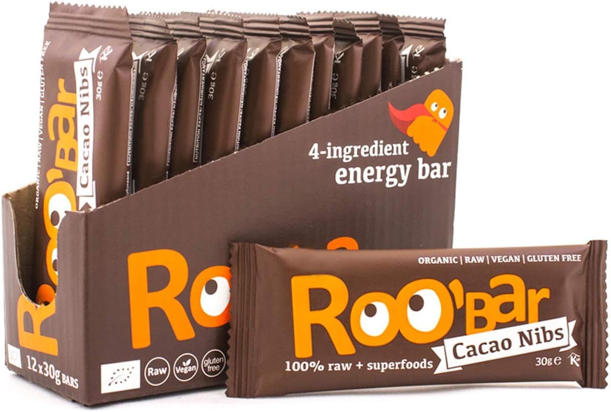 ROOBAR Cacao Nibs Raw Bar - 12 Count Pack | Organic, Vegan, Gluten Free Energy Boost 1
