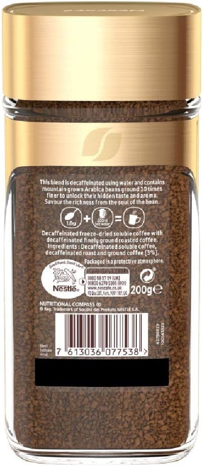 Nescafé Gold Blend Decaf Instant Coffee 200g - Smooth, Rich Aroma, Water-Processed Decaf
