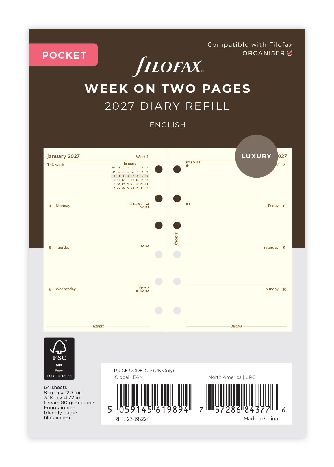 Filofax Pocket Personal Organiser Refill - 2027 Diary | Week on Two Pages | Cotton Cream Paper