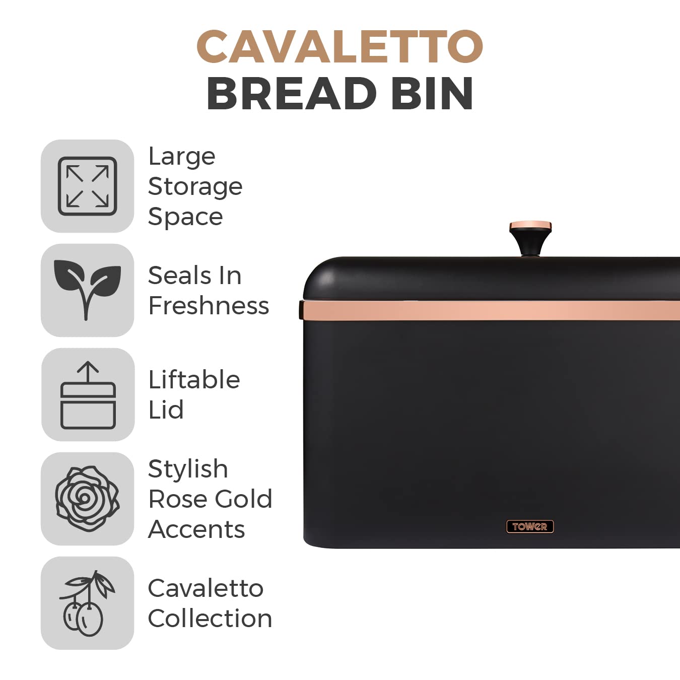 Tower Cavaletto Bread Bin - Large Capacity, Durable Carbon Steel, Removable Lid, Black 2