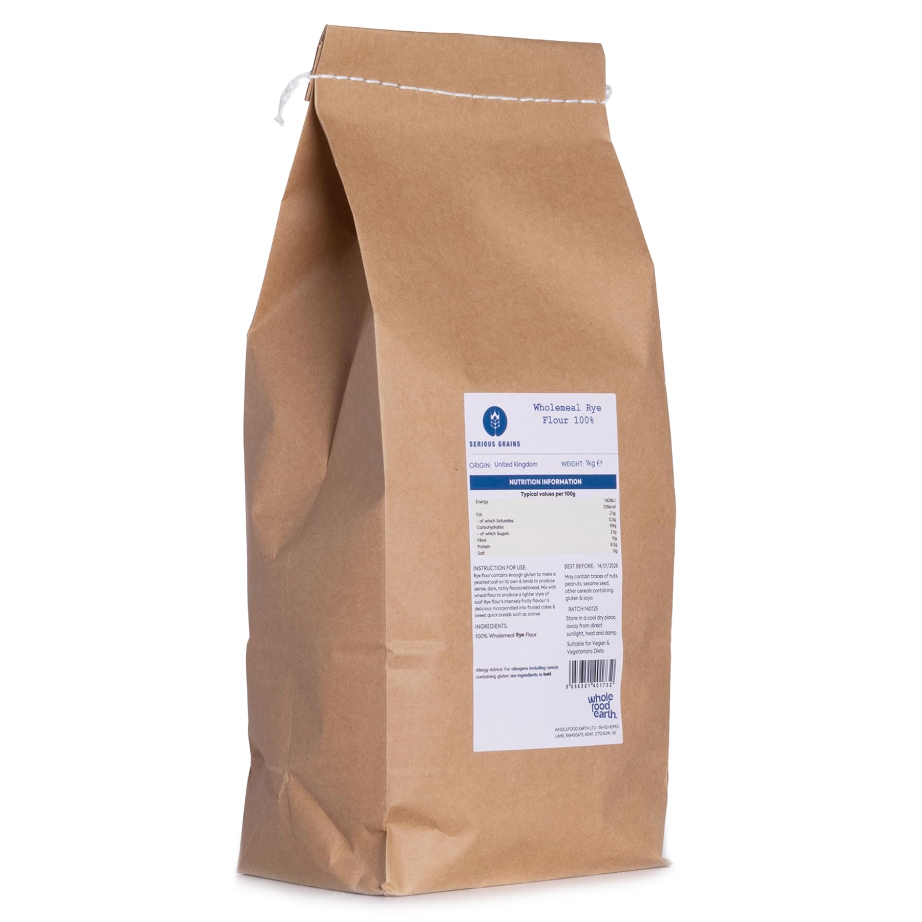 Serious Grains 100% Wholemeal Rye Flour (Stoneground) 1kg - High Fibre, GMO-Free, Vegan 1