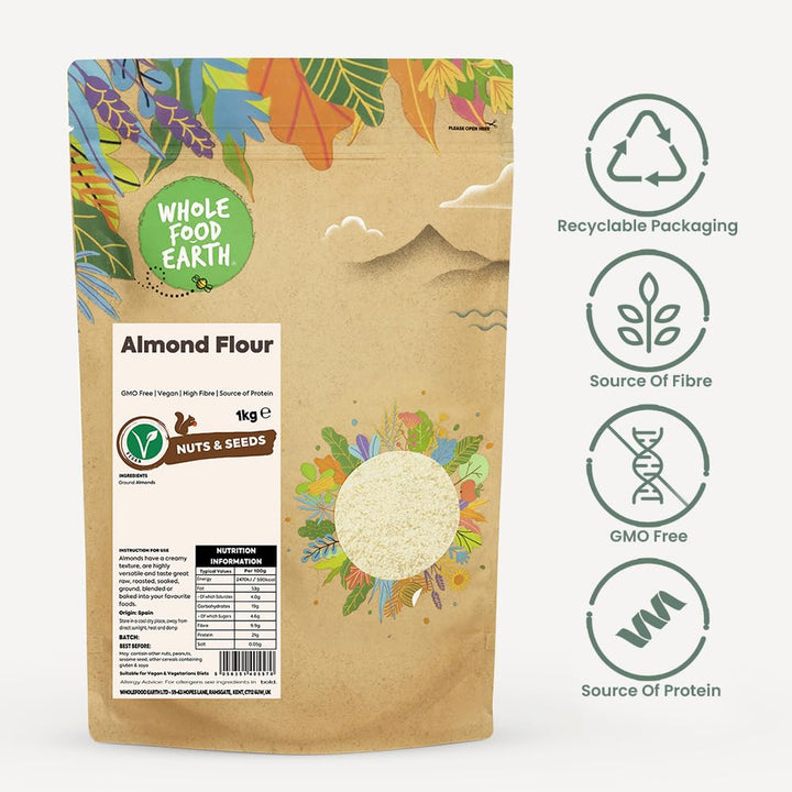 Wholefood Earth Almond Flour 500g | GMO-Free | High Fibre | Vegan | Recyclable Packaging