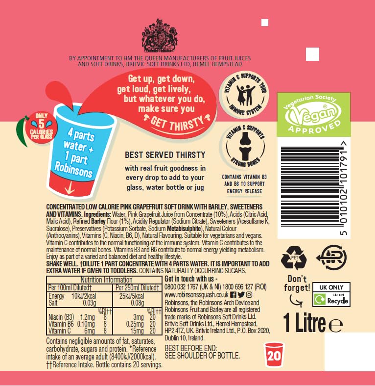Robinsons Fruit and Barley - Real Fruit Squash, Low Calorie - Pink Grapefruit