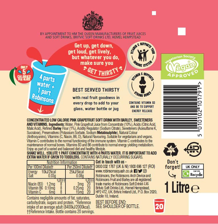 Robinsons Fruit and Barley - Real Fruit Squash, Low Calorie - Pink Grapefruit