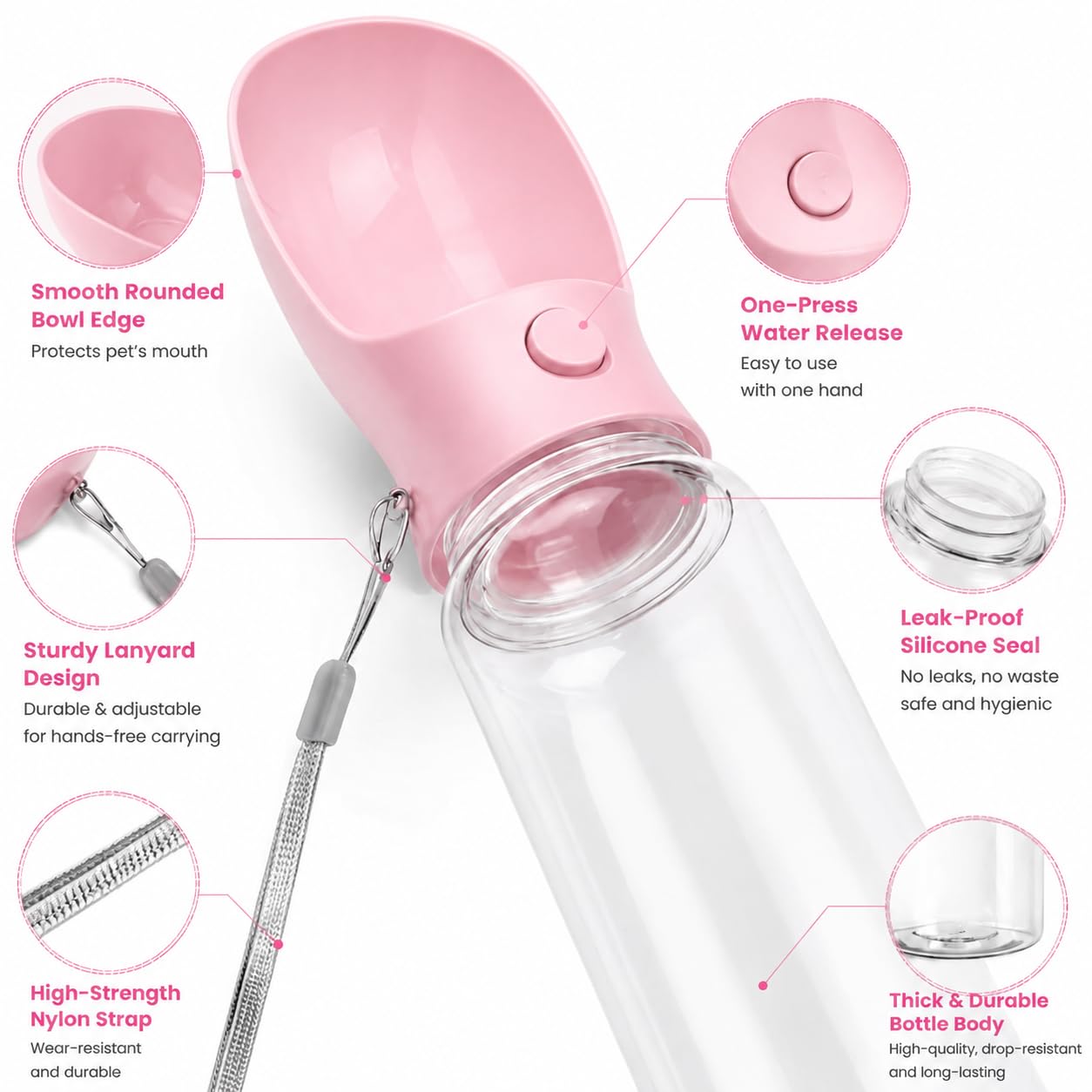 Muexoee Dog Water Bottle - 350ml Sakura Pink Portable Travel Water Dispenser 5